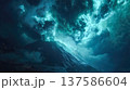 An underwater volcano erupting with a glowing blue plume, a deep sea landscape with glowing energy and a dark ocean atmosphere 137586604