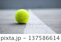 Close-up of tennis ball on court line, professional sports equipment on outdoor hard court 137586614