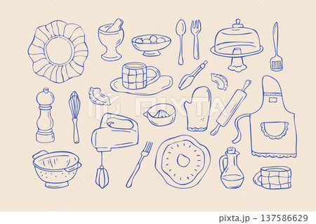 Set of outline kitchen utensils sketches. Kitchenware whimsical doodles Set of outline kitchen utensils sketches. Kitchenware whimsical doodles 137586629