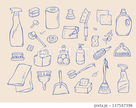 Hand drawn cleaning supplies doodle set Hand drawn cleaning supplies doodle set 137587396