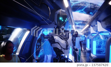 Flying sci fi futuristic passenger train. Interior. People and robots. Future concept . 3d rendering. Flying sci fi futuristic passenger train. Interior. People and robots. Future concept . 3d rendering. 137587420