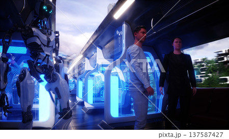 Flying sci fi futuristic passenger train. Interior. People and robots. Future concept . 3d rendering. 137587427