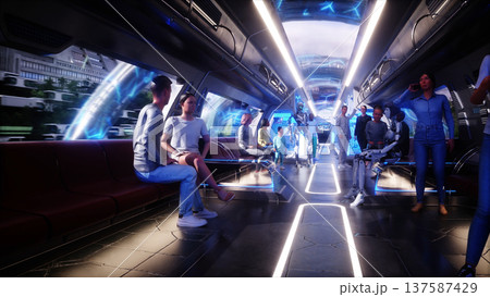 Flying sci fi futuristic passenger train. Interior. People and robots. Future concept . 3d rendering. Flying sci fi futuristic passenger train. Interior. People and robots. Future concept . 3d rendering. 137587429