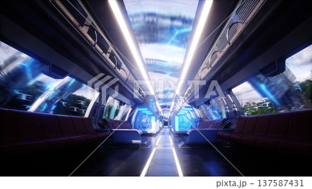 Flying sci fi futuristic passenger train. Interior. People and robots. Future concept . 3d rendering. Flying sci fi futuristic passenger train. Interior. People and robots. Future concept . 3d rendering. 137587431