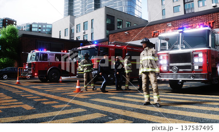 Fire station. A firefighter stands next to a fire engine. Fire trucks, their lights on, are ready to go. 3d rendering. Fire station. A firefighter stands next to a fire engine. Fire trucks, their lights on, are ready to go. 3d rendering. 137587495