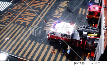 Fire truck quickly leaves for the call, garage door at fire department opens. 3d rendering. 137587496
