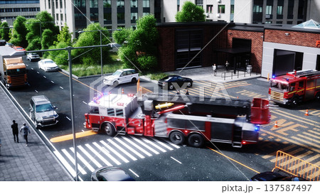 Fire truck quickly leaves for the call, garage door at fire department opens. 3d rendering. 137587497