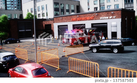 Fire truck quickly leaves for the call, garage door at fire department opens. 3d rendering. 137587503