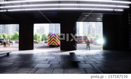 Fire truck quickly leaves for the call, garage door at fire department opens. 3d rendering. Fire truck quickly leaves for the call, garage door at fire department opens. 3d rendering. 137587530