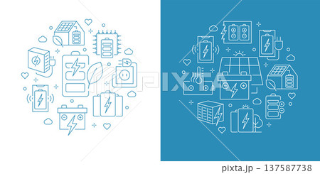Circular Battery Storage and Energy Grid Line Icons Composition, Renewable Power, Solar Battery, EV Charging, Energy Technology 137587738