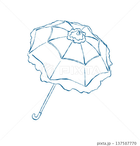 Line art illustration of a vintage womens umbrella. Girls accessory. Rain umbrella. Beach umbrella. Fashionable retro accessory. Vector outline sketch in blue Line art illustration of a vintage womens umbrella. Girls accessory. Rain umbrella. Beach umbrella. Fashionable retro accessory. Vector outline sketch in blue 137587770