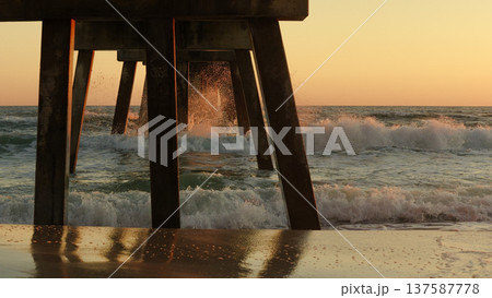 Waves crashing against wooden pier at sunset, creating a serene coastal atmosphere with reflections on the wet sand and gentle ocean breeze 137587778