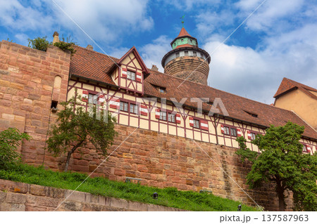 Historic city walls and tower in Nuremberg Old Town Germany 137587963