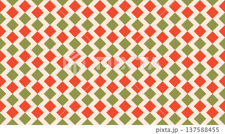 Seamless geometric pattern featuring red and green diamonds in a rhythmic zigzag arrangement on a cream background. 137588455