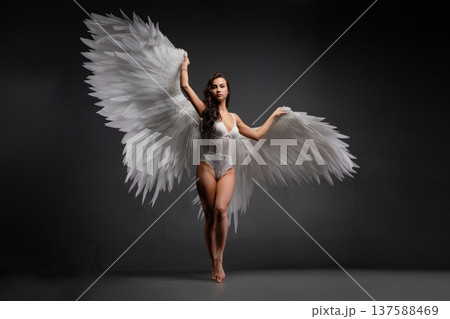 Stunning woman with angelic wings illuminated by a projector light Stunning woman with angelic wings illuminated by a projector light 137588469