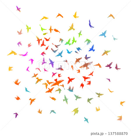Flying colored birds silhouette flock. hand drawing. Not AI. Vector illustration 137588870