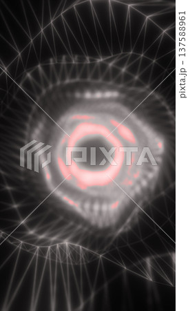 Futuristic wireframe eye vortex with glowing pink ring and digital mesh network on dark background 137588961