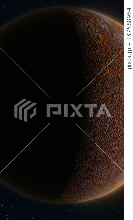 Cinematic view of a rocky planet in partial eclipse against a starry space background, creating a dramatic cosmic atmosphere and sense of deep space Cinematic view of a rocky planet in partial eclipse against a starry space background, creating a dramatic cosmic atmosphere and sense of deep space 137588964