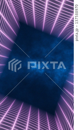 Futuristic neon corridor with glowing pink grid walls and deep blue foggy void, synthwave sci-fi background 137588970