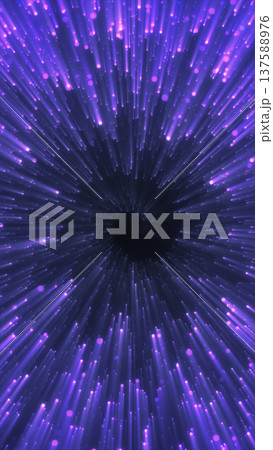 Blue hyperspace tunnel with radial light streaks and particles rushing into a dark center, sci-fi warp speed background 137588976