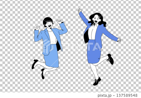 Illustration of a pair of smiling young female business people jumping. Success and job hunting. Hand-drawn material. 137589548