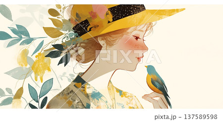 A whimsical illustration of a woman in a floral hat, gazing at a bird perched on her hand 137589598