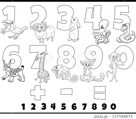 educational numbers set with cartoon animals coloring page educational numbers set with cartoon animals coloring page 137589673