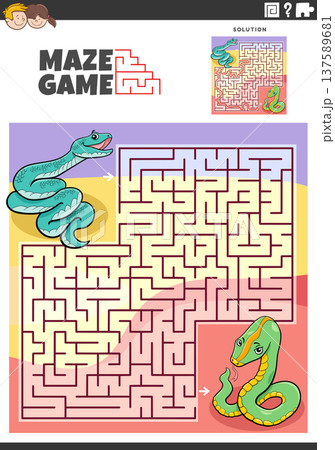 maze puzzle game with cartoon snakes animal character maze puzzle game with cartoon snakes animal character 137589681