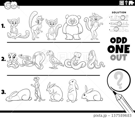 odd one out activity game with cartoon animal characters coloring page odd one out activity game with cartoon animal characters coloring page 137589683