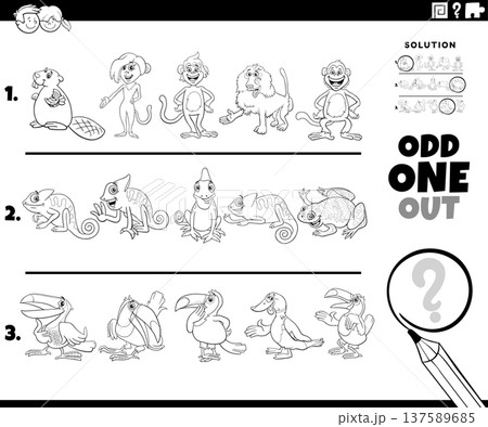 odd one out activity game with funny cartoon animal characters coloring page odd one out activity game with funny cartoon animal characters coloring page 137589685