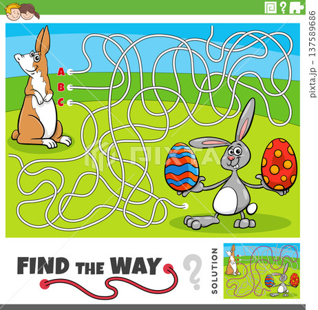 maze game with cartoon Easter bunnies with Eastereggs maze game with cartoon Easter bunnies with Eastereggs 137589686