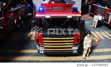 fire fighter and fire truck near the fire station. Fire department. 3d rendering. fire fighter and fire truck near the fire station. Fire department. 3d rendering. 137590365