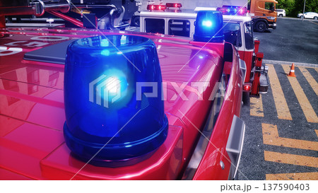 fire truck near the fire station. Fire department. 3d rendering. 137590403