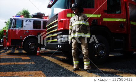 fire fighter and fire truck near the fire station. Fire department. 3d rendering. 137590415
