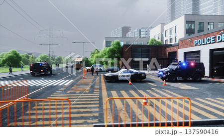 An swat police driving fast on a city street. 3d rendering. An swat police driving fast on a city street. 3d rendering. 137590416