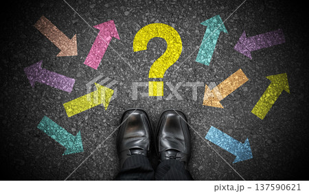 Black business shoes, question mark and many arrows - chaos concept Black business shoes, question mark and many arrows - chaos concept 137590621