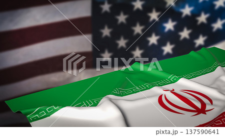 Iran National Flag With Blurred United States Flag Background Geopolitical Tension Concept 3d render. 137590641