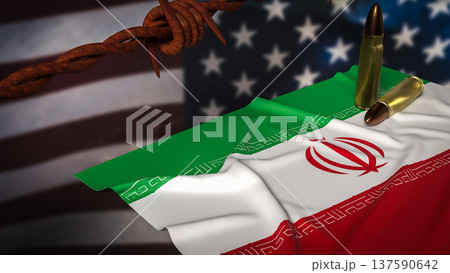 Iran Flag With Bullets and Barbed Wire Against Blurred United States Flag Political Conflict Concept 3d render. Iran Flag With Bullets and Barbed Wire Against Blurred United States Flag Political Conflict Concept 3d render. 137590642
