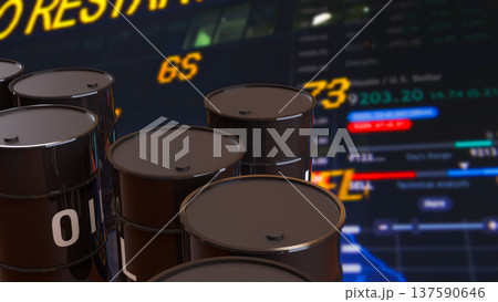 Oil Barrels With Global Energy Market Trading Data Background 3d render. 137590646