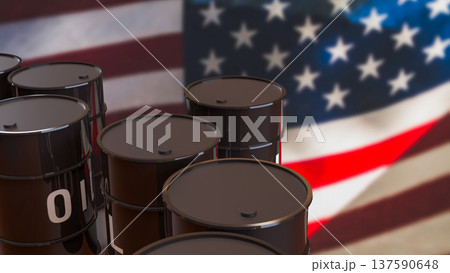 Oil Barrels With United States Flag Energy Industry Concept 3d render. 137590648