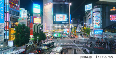 Tokyo, Japan - Oct 15 2024, panoramic aerial view of famous Shibuya intersection with a crowd of people on sidewalk, at night with illumination and advertising on facades of buildings, Tokyo, Japan Tokyo, Japan - Oct 15 2024, panoramic aerial view of famous Shibuya intersection with a crowd of people on sidewalk, at night with illumination and advertising on facades of buildings, Tokyo, Japan 137590709