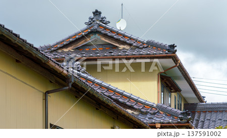 Sakata, Yamagata, japan - Oct 5 2024, panoramic view of the facade of a Japanese-style building with slanted tiled roofs with a cloudy sky in the background, at daytime, Sakata, Japan 137591002