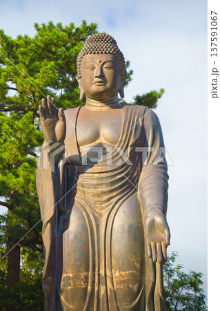 Sakata, Yamagata, japan - Oct 5 2024, A vertical view of the giant Great Buddha statue at Jichi-In Temple, with trees in the background, at daytime, Sakata, Japan Sakata, Yamagata, japan - Oct 5 2024, A vertical view of the giant Great Buddha statue at Jichi-In Temple, with trees in the background, at daytime, Sakata, Japan 137591067