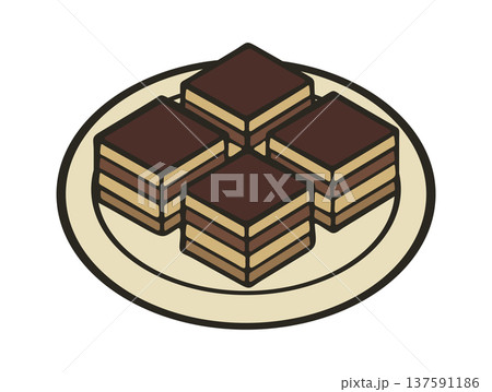 Chocolate layer cake slices on plate. Vector isolated illustration Chocolate layer cake slices on plate. Vector isolated illustration 137591186