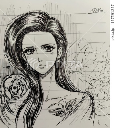 【ナオミ像】授業中の落書き作品-便箋にボールペン画 137591237