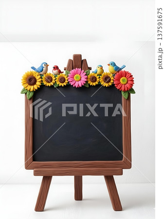 クレイアート風に描いた、花と鳥で飾られた黒板風立て掛け看板 137591675