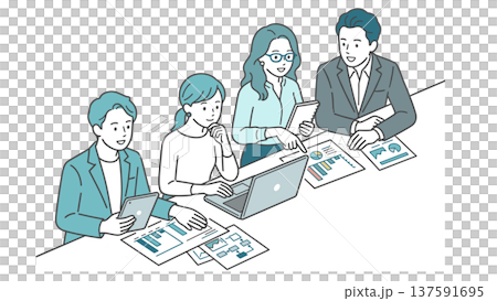 Illustration of a team discussing documents at a business meeting 137591695