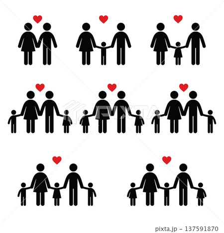 Stick Family Icons Set Black Silhouettes collection with Red Heart 137591870