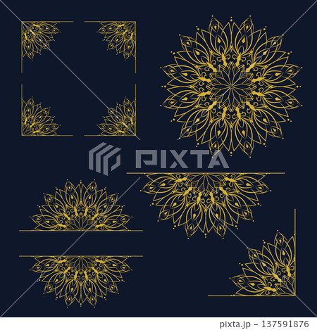 Gold mandala ornament decorative elements luxury floral line art set Dark background Black Gold mandala ornament decorative elements luxury floral line art set Dark background Black 137591876