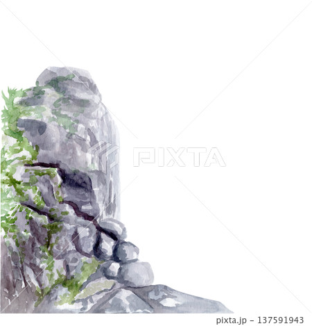 Stone rock with moss in Asian zen garden style. Watercolor landscape element isolated on white, decorative illustration for Japanese garden design, meditation, spa backgrounds, tranquil nature scenes Stone rock with moss in Asian zen garden style. Watercolor landscape element isolated on white, decorative illustration for Japanese garden design, meditation, spa backgrounds, tranquil nature scenes 137591943